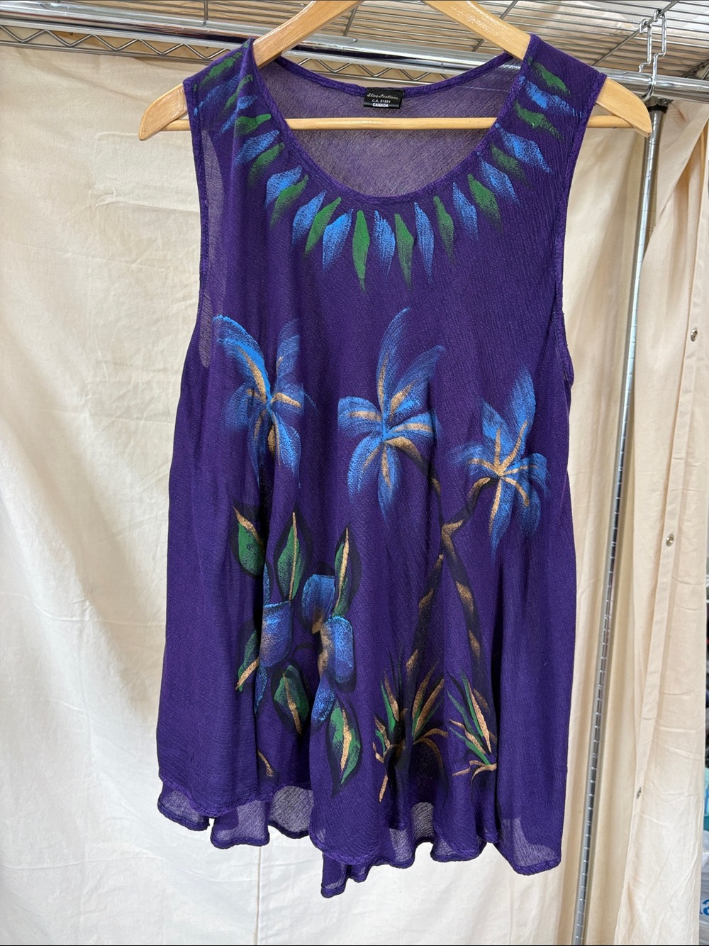Sleeveless Purple Hand-Painted Floral Scoop Tank